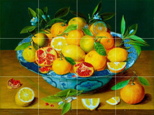 Lemons pomegranate oranges in fruit bowl ceramic tile mural backsplash