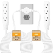 12 ft Twin Extension Cord Power Strip Flat Wall Plug with 6 Outlets 3 Prong