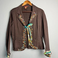 Julie G. Tribal Beaded Blazer Jacket Colorful Festival Accents Tie Front Brown L