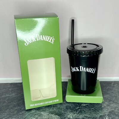 Jack Daniels schwarz kalt wiederverwendbar Kunststoff Becher Slushy Cup & Strohhalm Geschenkbox