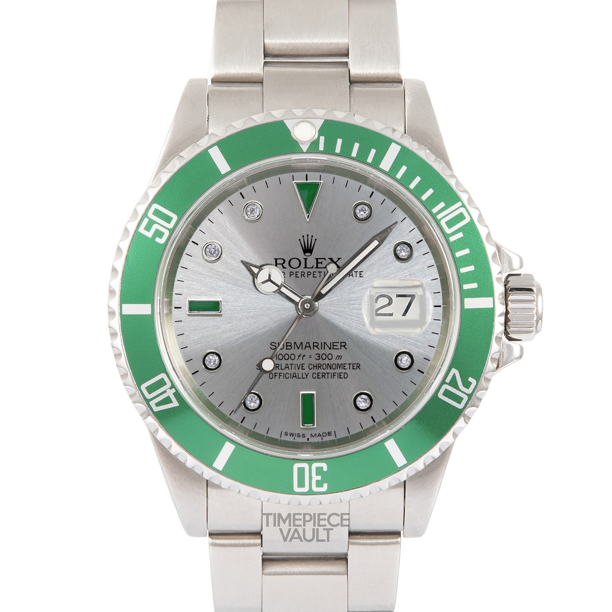 ROLEX SUBMARINER 16610 DATE STEEL 40MM GRAY DIAMOND & EMERALD DIAL