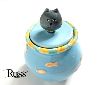 Cat and Goldfish Cookie Jar by RUSS ~ Kitty Fish Dish Lid