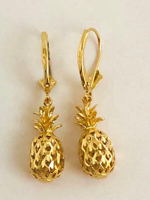 14K Gelbgold 3D Ananas Ohrring B: 3/16 (7,5 mm) L: 1 1/4 (33 mm) E415-59