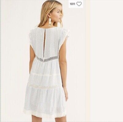Free People NWT Retro Kitty Crochet Trim Dress Ivory Blue M $128