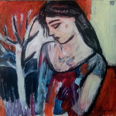 Bild ''Mädchen''Papier 42x41cm, Acryl, Mischtechnik, Collage, Original Aljona.
