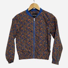Rock Your Kid Brown Blue Floral Bomber Jacket Size 8 Linen / Cotton Winter RYK