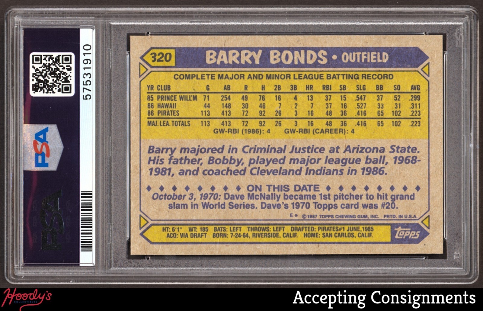 1987 Topps #320 Barry Bonds RC ROOKIE PIRATES PSA 10 GEM MINT view 2