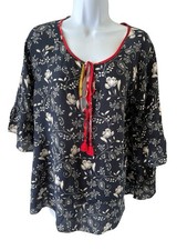 Jade By Johnny Was Susila Silk Tiered Blue White Floral Print Blouse Size Small