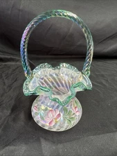 Fenton Glass 1995 90th Anniversary Signed Hand Painted Iridized Optic Basket