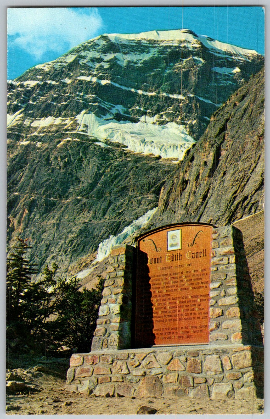 Vtg Postcard Edith Cavell Memorial Plaque Jasper, Alberta, CA 1950s