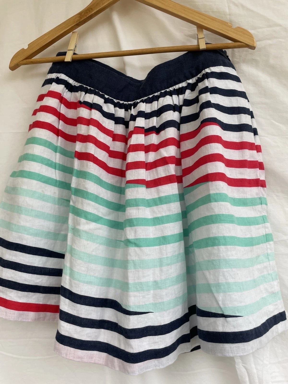 100% Linen short A line skirt with POCKETs women SZ 8 summer stripes preppy cool