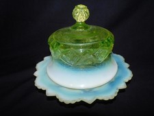 ANTIQUE NORTHWOOD EAPG VASELINE DIAMOND SPEARHEAD BUTTER DISH WITH LID-BEAUTIFUL