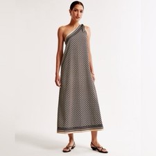 Abercrombie & Fitch One-Shoulder Scarf Midi Dress Sz Medium Navy Geometric
