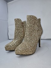 Gold Glitter Pointed Toe Ankle Bootie Zip Stiletto Synthetic Lined US 8 EU39