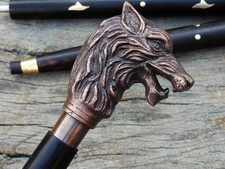 Handmade Walking Stick Wolf Head Antique Brass Handle Vintage Decor