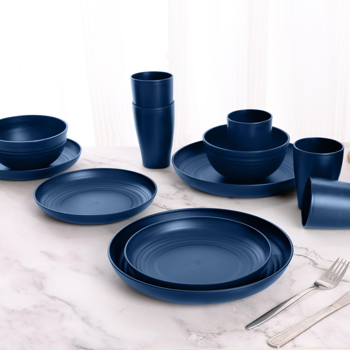 Blue Dinnerware Sets for 8,Blue Plates and Bowls Sets Plastic
