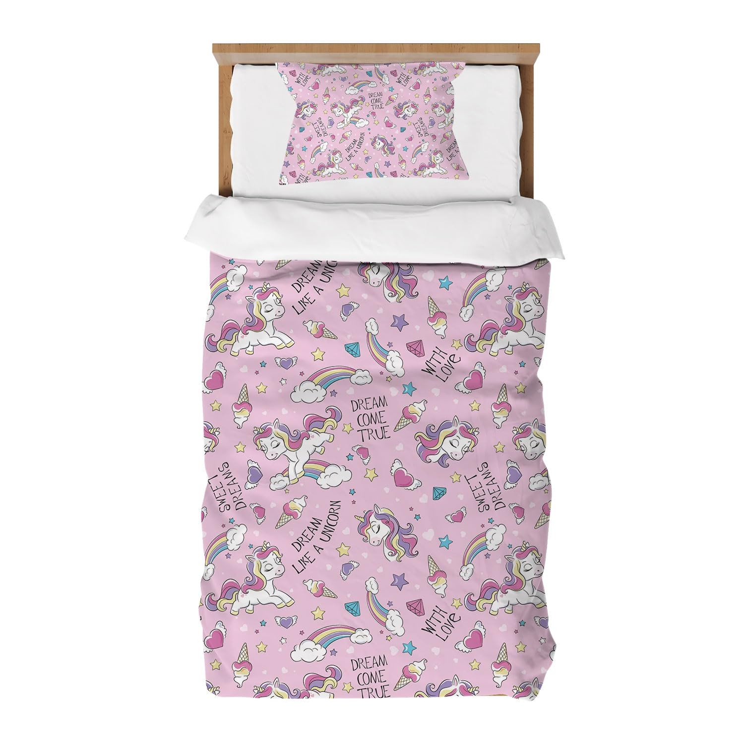 Housse de Couette Rose Licorne 90x190 Parure Lit Enfant