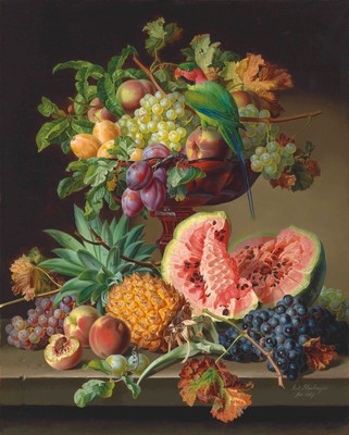 Anton Hartinger Still Life with Fruit and a Parrot 1867 Fine Art Print 17'' x 22''