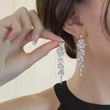 Silver Tone Crystal Leaf Drop Earrings Long Dangle Bridal Wedding Prom Diamante