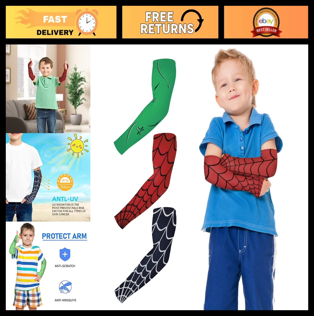 Kids Compression Arm Sleeves - 3 Pairs UV Protection Tattoo Sleeves for Children