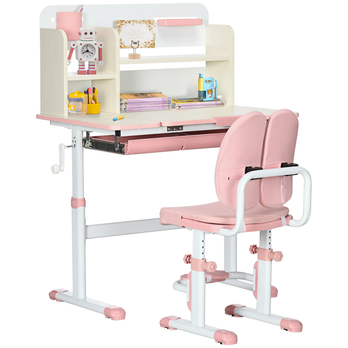 Homcom Pink Kids Desk And Chair Set, Height Adjustable Kids School Desk & Chair Set W/ Shelves, Washable Cover, Anti-Slip Mat For Kids 3-12 | Aosom Uk - Image 2