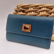 Vtg 90s Duck Dooney and Bourke Leather Green Wallet Credit Card Flap Striped Int
