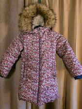 lands end pink floral girls size small 4 puffer coat fur trim hood