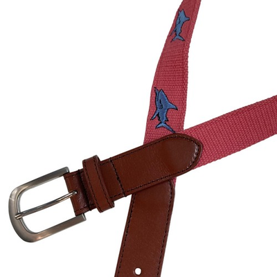 #ad Embroidered Shark Belt Mens 32 Canvas Leather Nantucket Red Preppy Old Money $19.96