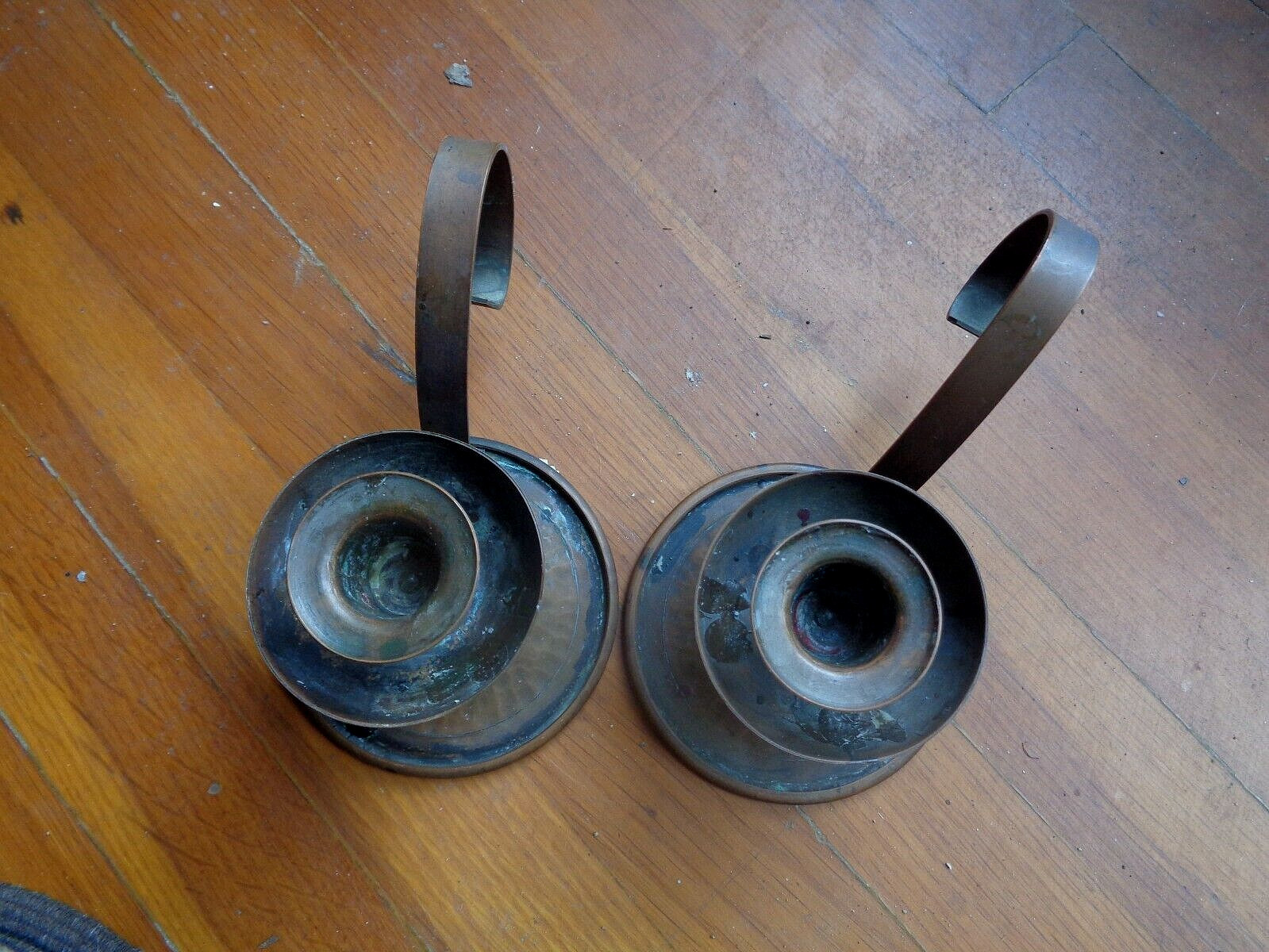 Antique Arts & Crafts Copper Hammered Hand Made Candle Holders Original Patina