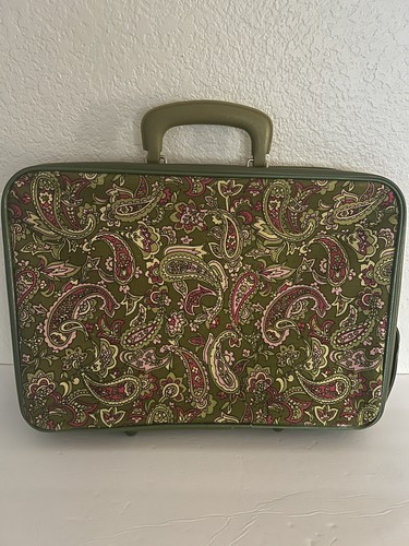 Vintage Suitcase Luggage Paisley Green Orange Canvas Key K Line Zipper Pockets