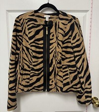NWT Chico's Women's Jacket Size 2 Black And Brown Animal Print Zip Suede Feel