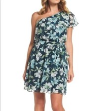 Blue Eliza J Floral Print Ruffle One Shoulder Dress sz 10