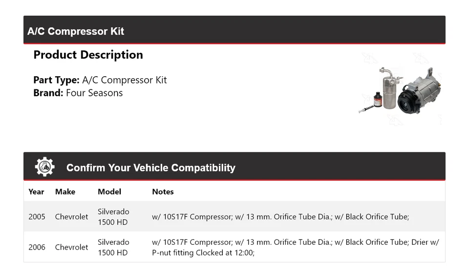 Kit de compresor de aire acondicionado 4 estaciones para Chevrolet Silverado 1500 HD 2005-2006 Foto 2 de 4