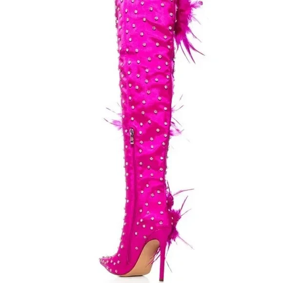 AZALEA WANG " TOP TIER " Size: 11 in FUCHSIA or BLACK SATIN FEATHER FLOWER BOOTS - Image 4 of 4