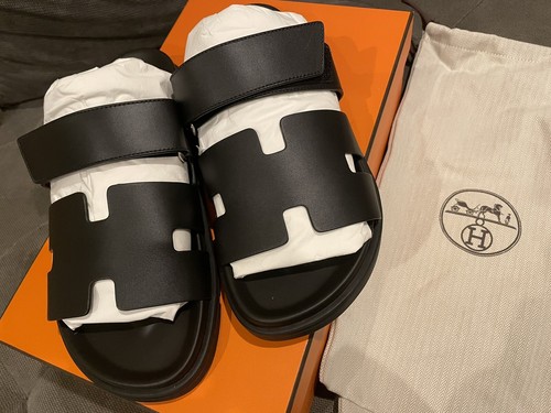 BNIB HERMES H Logo Black Leather Ankana Chypre Sandals Flats Dad Shoes 41.5  | eBay