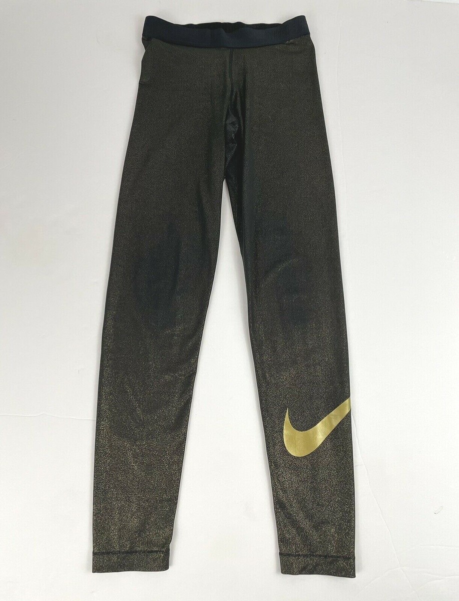 Nike Pro Womens S Training Tights Black Metallic Gold Shimmer Sparkle Swoosh