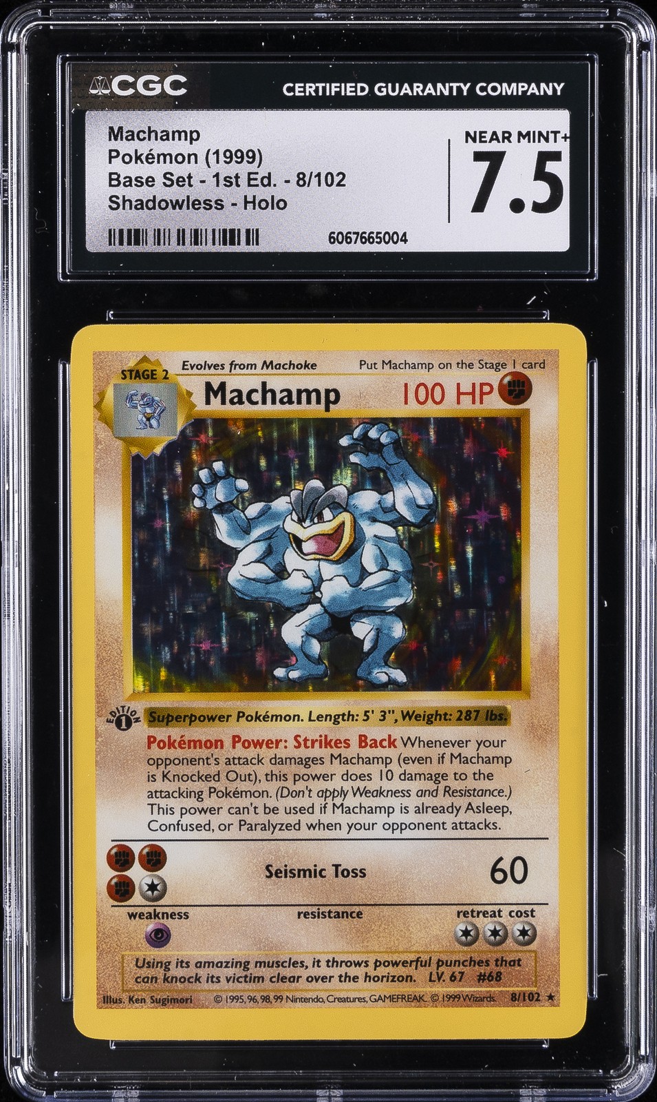 1999 POKEMON BASE SET 1ST ED SHADOWLESS HOLO #8 MACHAMP CGC 7.5