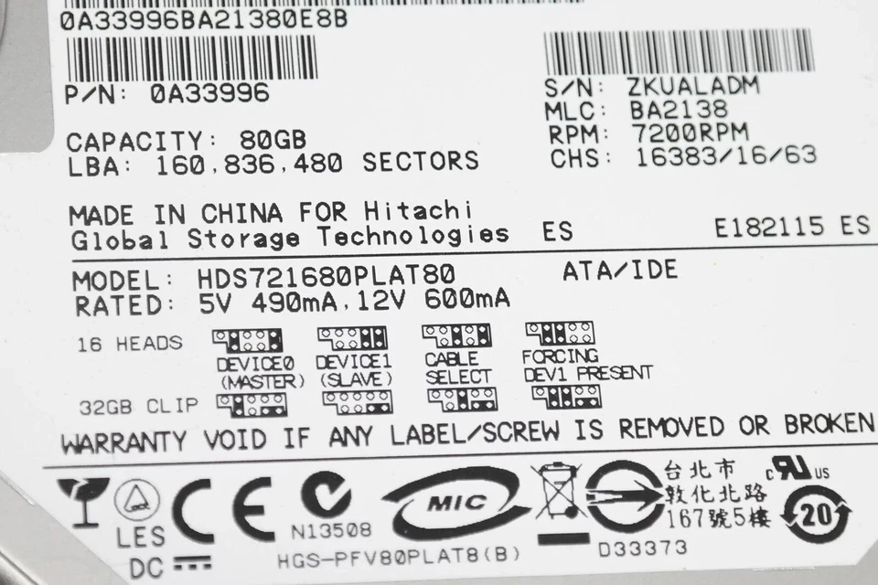 HITACHI 0Y30003 80GB IDE 7200RPM 3.5" Internal Hard Drive - HDS721680PLAT80 - Image 3 of 4