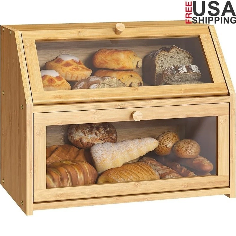 Double Bread Box Kitchen Organizer Space Saving Storage Easy View Acrylic Door
