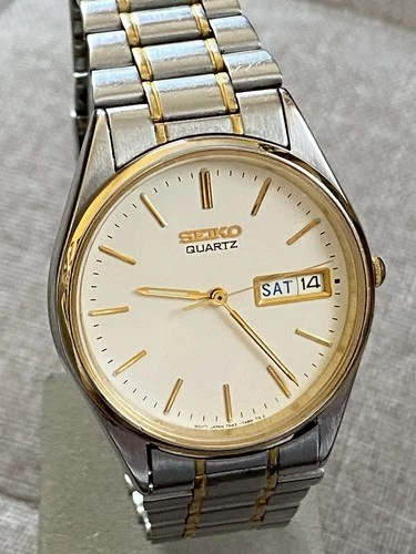 Seiko Mens Day Date Vintage Watch 7N43-7A50 Silver Stainless Steel Quartz Vgc