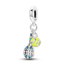 Tennis 925 Sterling Silver Charm for Bracelet; Ball Racket Net