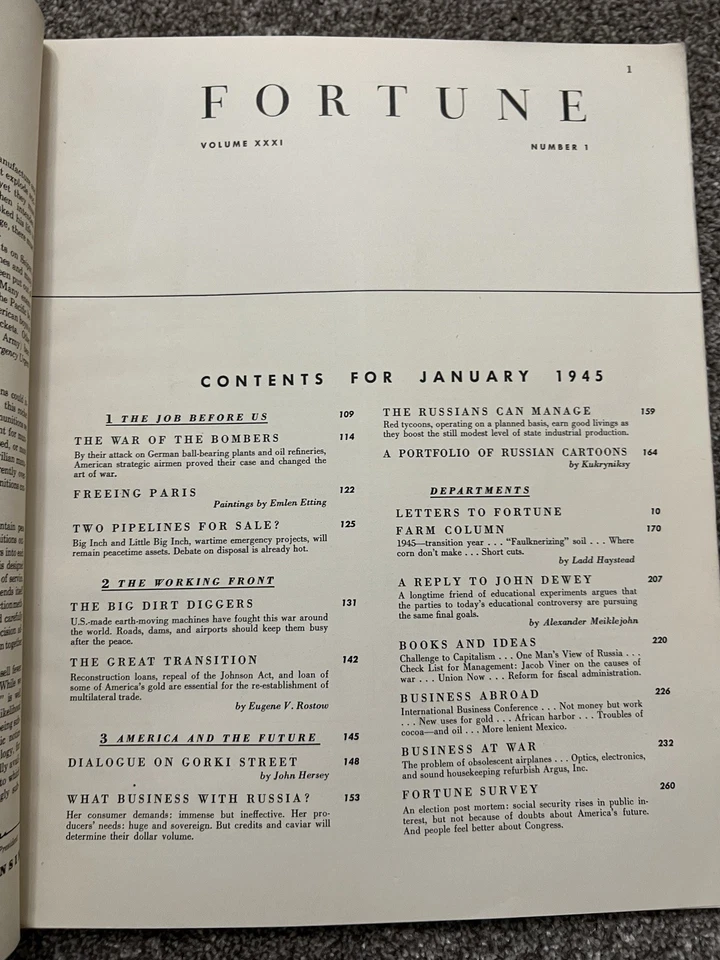 Fortune magazine – January 1945 – WWII articles, Russian cartoons – 232 pages - Image 2 of 4