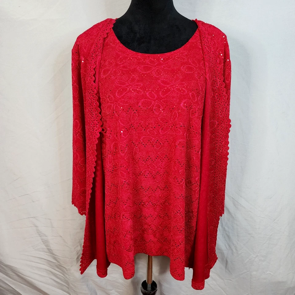 Cárdigan Top Vintage MAGGIE SWEET Talla XL Rojo Corte Láser Brillo Floral Twinset Foto 3 de 4