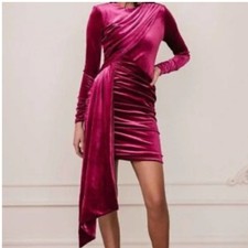 JessaKae Noor Fuchsia Velvet Asymmetrical Drape Mini Dress Long Sleeve Large