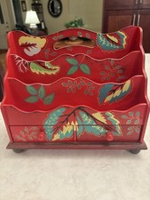 Vtg Red Floral Mail Sorter - Boho Wooden Organizer - 3 Slot Holder Drawers