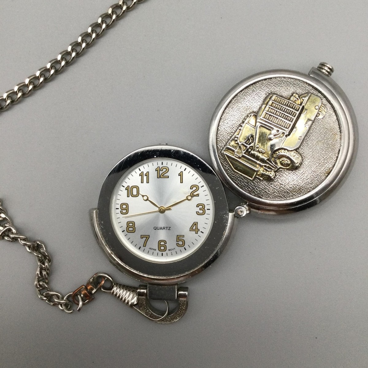 Truck Pocket Watch Men 49mm Silver Tone Semi Tractor Hunter Chain