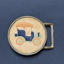 Vintage Pyramid Belt Co Catch-a-belt Belt Buckle Mens Brass Embroidered Car
