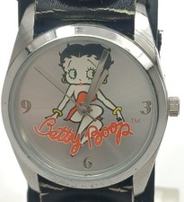 Vintage Betty Boop Watch Silver Tone Black Heart Pattern Strap New Battery ✔️