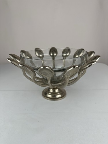 Rare Vintage Art Spoon Pedestal Bowl - India– Artisan Metal & Glass Centerpiece