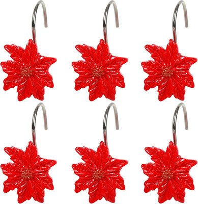 Two Fish Home Fashions Xmas Red Flower Decorative Shower Curtain Hooks, Red Flow